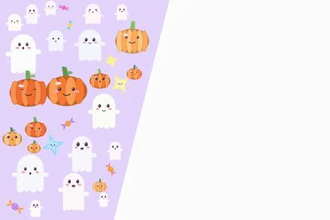 Cute pattern with smiling ghosts and pumpkins on purple background for holi.. Stock Illustration