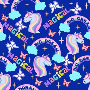 Cute pattern with unicorn, rainbow and stars. Stock Illustration