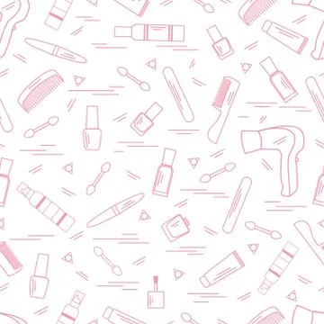 Cute pattern of various accessories of decorative cosmetics, hair  and face c Illustrazione stock