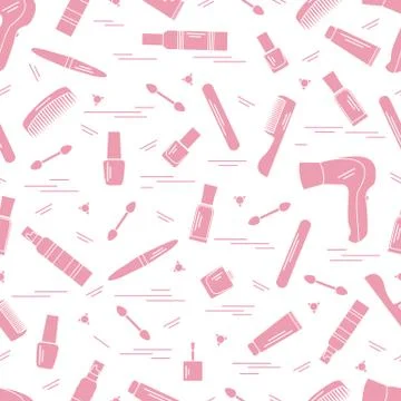 Cute pattern of various accessories of decorative cosmetics, hair  and face c Stock Illustration