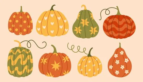 Cute patterned autumn pumpkins vector illustration featuring stars, hearts Stock Illustration