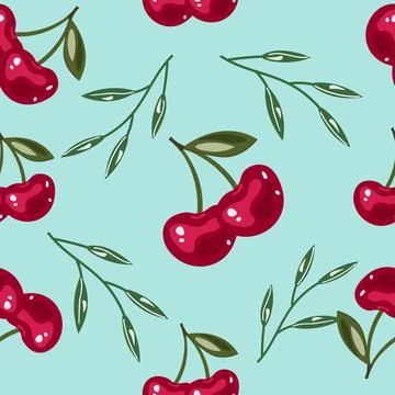 Cute patterns with juicy cherries and green branches. Colorful endless backgr Illustrazione stock