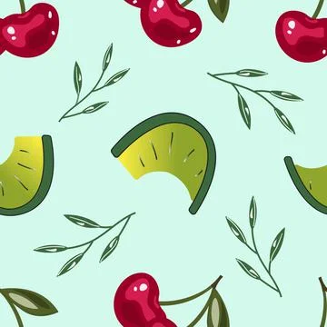 Cute patterns with juicy cherries, green branches and lime slices. Colorful e Illustrazione stock