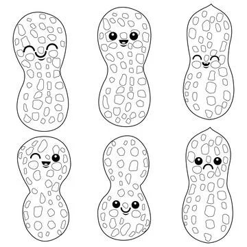 Cute peanut characters. Vector black and white coloring page Stock Illustration
