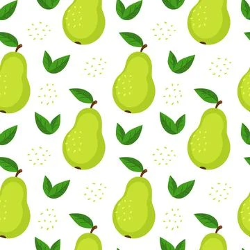 Cute pear with leaves. Seamless pattern Stock Illustration