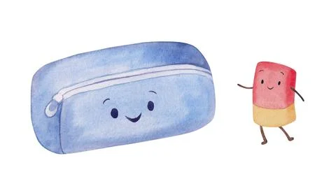 Cute pencil case and eraser. Humorous playful School Supplies characters for Stock Illustration