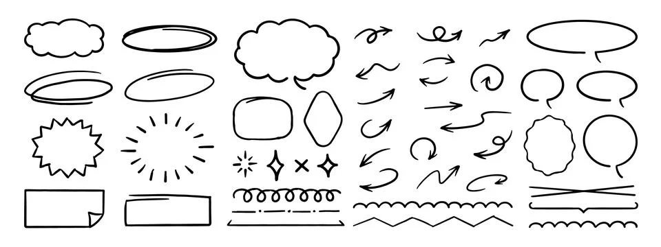 Cute Pencil Emphasis Squiggles Vector Set. Chalk Scribble Graffiti Arrows Frames イラスト素材