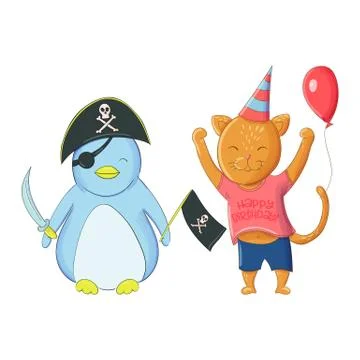 Cute penguin and kitten in a cap with a balloon. Birthday party Stock Illustration