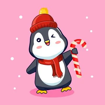 Cute Penguin with Candy Cane and Winter Hat Stock Illustration