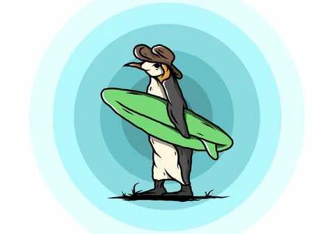 Cute penguin carrying a surfboard on the beach illustration Ilustração Stock