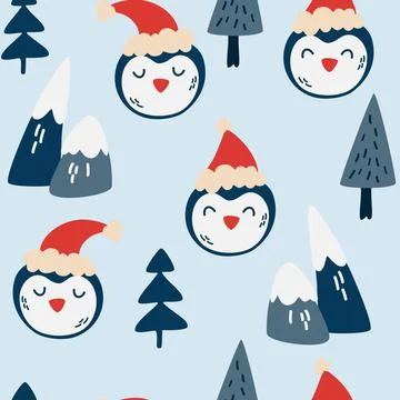 Cute penguin Faces seamless pattern. Winter background with penguins mountain Illustrazione stock