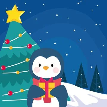 Cute penguin with gift box and christmas tree over snowy night background Ilustração Stock