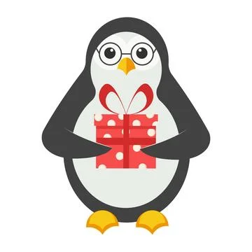 Cute penguin holding a gift box. Animal character gives a present. Illustrazione stock