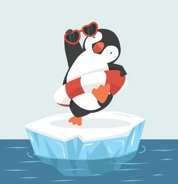 Cute penguin with inflatable ring on ice floe vector Stock Illustration