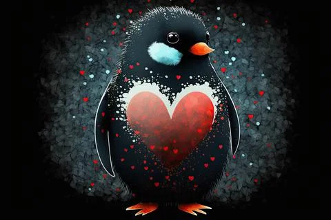Cute Penguin, isolated on a background with red hearts Stock Illustration