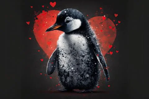 Cute Penguin, isolated on a background with red hearts Stock Illustration