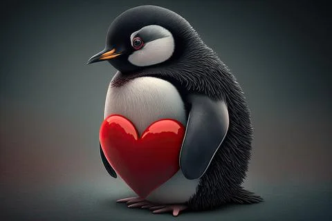 Cute Penguin, isolated on a background with red hearts Stock Illustration