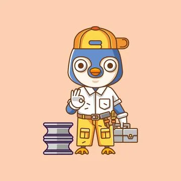 Cute penguin mechanic with tool at workshop cartoon animal character mascot Illustrazione stock
