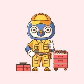 Cute penguin mechanic with tool at workshop cartoon animal character mascot Illustrazione stock