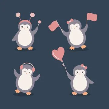 Cute Penguin Playing Various Poses Cartoon Character Set Stock Illustration