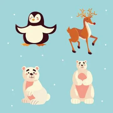 Cute penguin polar bear reindeer animals icons Stock Illustration