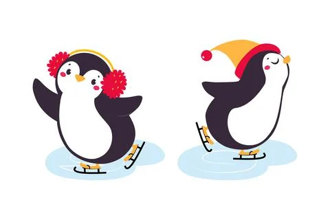 Cute Penguin with Red Cheeks in Hat and Earmuffs Ice Skating Vector Set Stock Illustration