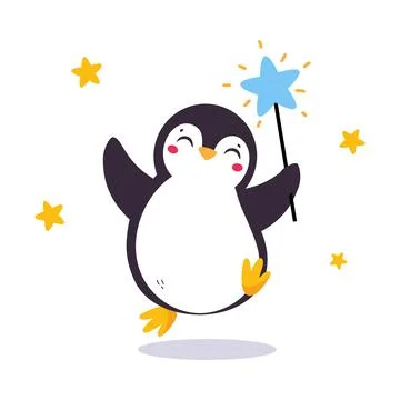 Cute Penguin with Red Cheeks Jumping with Magic Wand Vector Illustration Stock Illustration