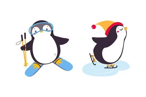 Cute Penguin with Red Cheeks Skiing and Ice Skating Vector Set Stock Illustration