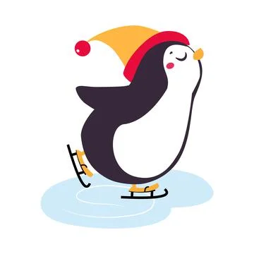 Cute Penguin with Red Cheeks Wearing Hat Ice Skating Vector Illustration Stock Illustration