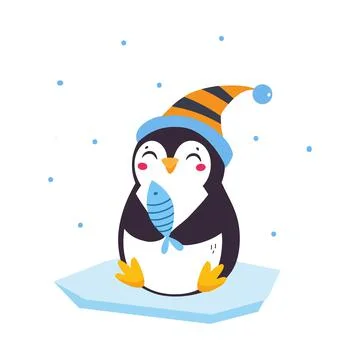 Cute Penguin with Red Cheeks Wearing Hat Sitting on Ice Plate with Fish Vector Stock Illustration