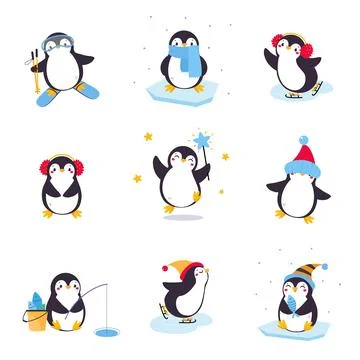 Cute Penguin with Red Cheeks Wearing Hat Skiing and Ice Skating Vector Stock Illustration