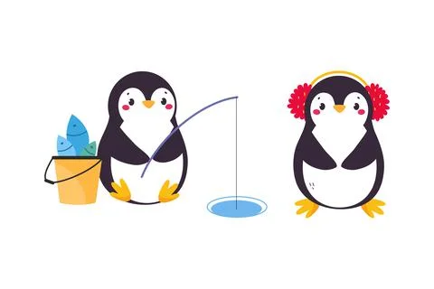 Cute Penguin with Red Cheeks Wearing Earmuffs and Fishing with Rod Vector Set Stock Illustration