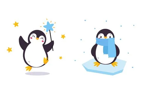 Cute Penguin with Red Cheeks Wearing Scarf on Ice Plate and Jumping with Magic Stock Illustration