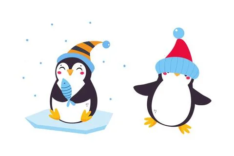 Cute Penguin with Red Cheeks Wearing Hat and Holding Fish Vector Set Stock Illustration