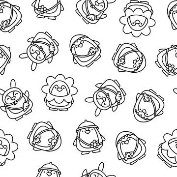 Cute penguin. Seamless pattern. Coloring Page. Stock Illustration
