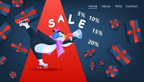 Cute penguin skating and using loudspeaker sale poster holiday shopping Stock Illustration