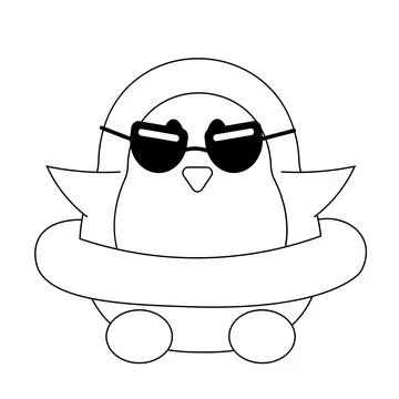 Cute Penguin in sunglasses with inflatable ring in black and white Stock Illustration