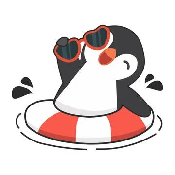 Cute Penguin swimming inflatable ring icon Stock Illustration