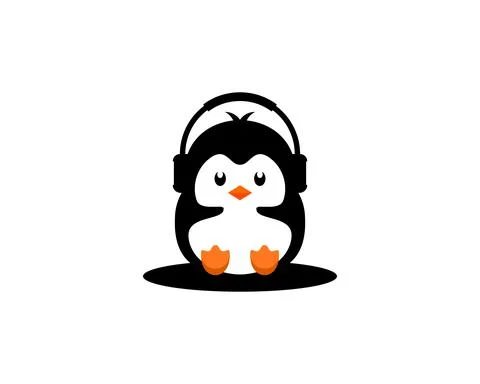 Cute penguin using headphone illustration 스톡 일러스트