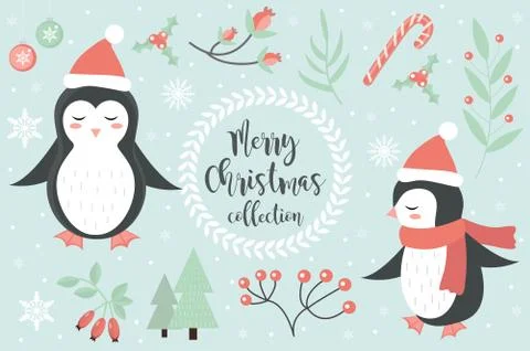 Cute penguin in the winter forest set of objects. Collection of design elements Illustrazione stock