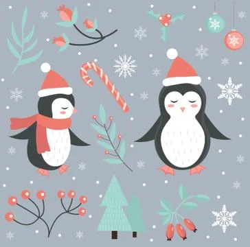 Cute penguin in the winter forest set of objects. Collection of design elements Stock Illustration
