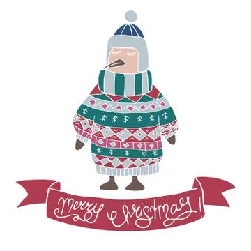 Cute penguin in winter ornamental pullover and cap in hand drawn style Stock Illustration