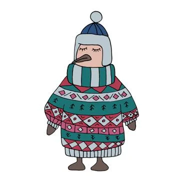 Cute penguin in winter ornamental pullover and cap in hand drawn style Stock Illustration