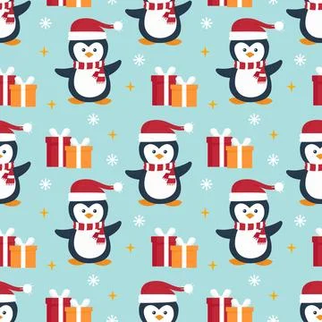 Cute penguins and gift boxes. Christmas pattern. Seamless pattern Stock Illustration