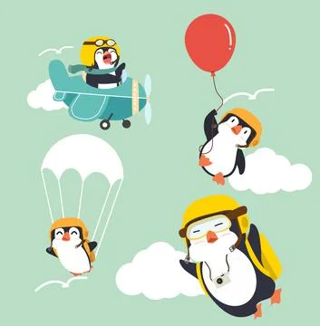 Cute penguins cartoon vector on sky set Illustrazione stock