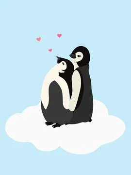 Cute penguins in a flat style on a blue background with hearts. Vector illust Illustrazione stock