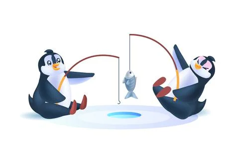 Cute penguins using rods antarctic birds fishing together full length horizontal Stock Illustration