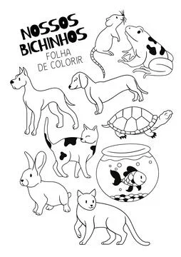 Cute Pet Animals Set Line Art Vector Illustration Stock Illustration