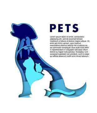 Cute pet animals silhouettes, vector paper art illustration. Dog, cat, rabbit Illustrazione stock