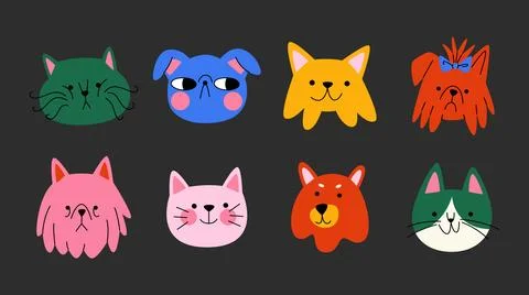 Cute pet faces with various expressions in comic style. Stock Illustration